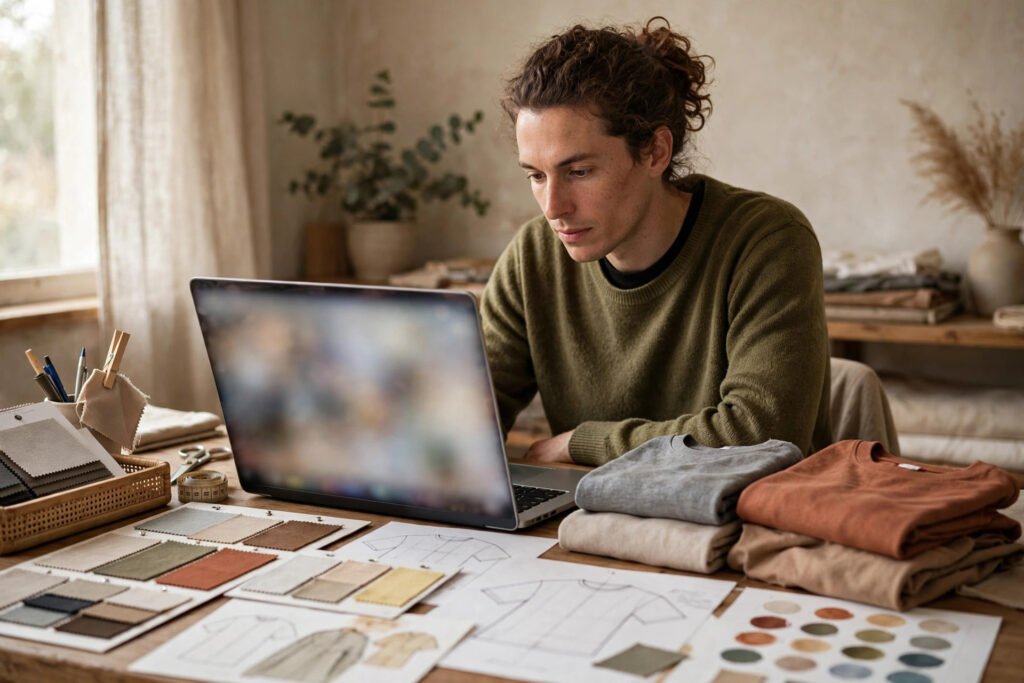 Editorial photo of a seller checking listing research on a laptop