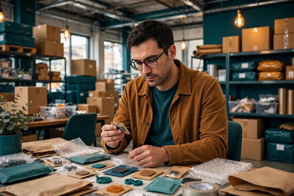 Photorealistic photo of an Amazon seller reviewing product samples in a warehouse office