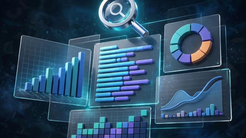 3D render of an SEO dashboard with ranking charts and a search icon