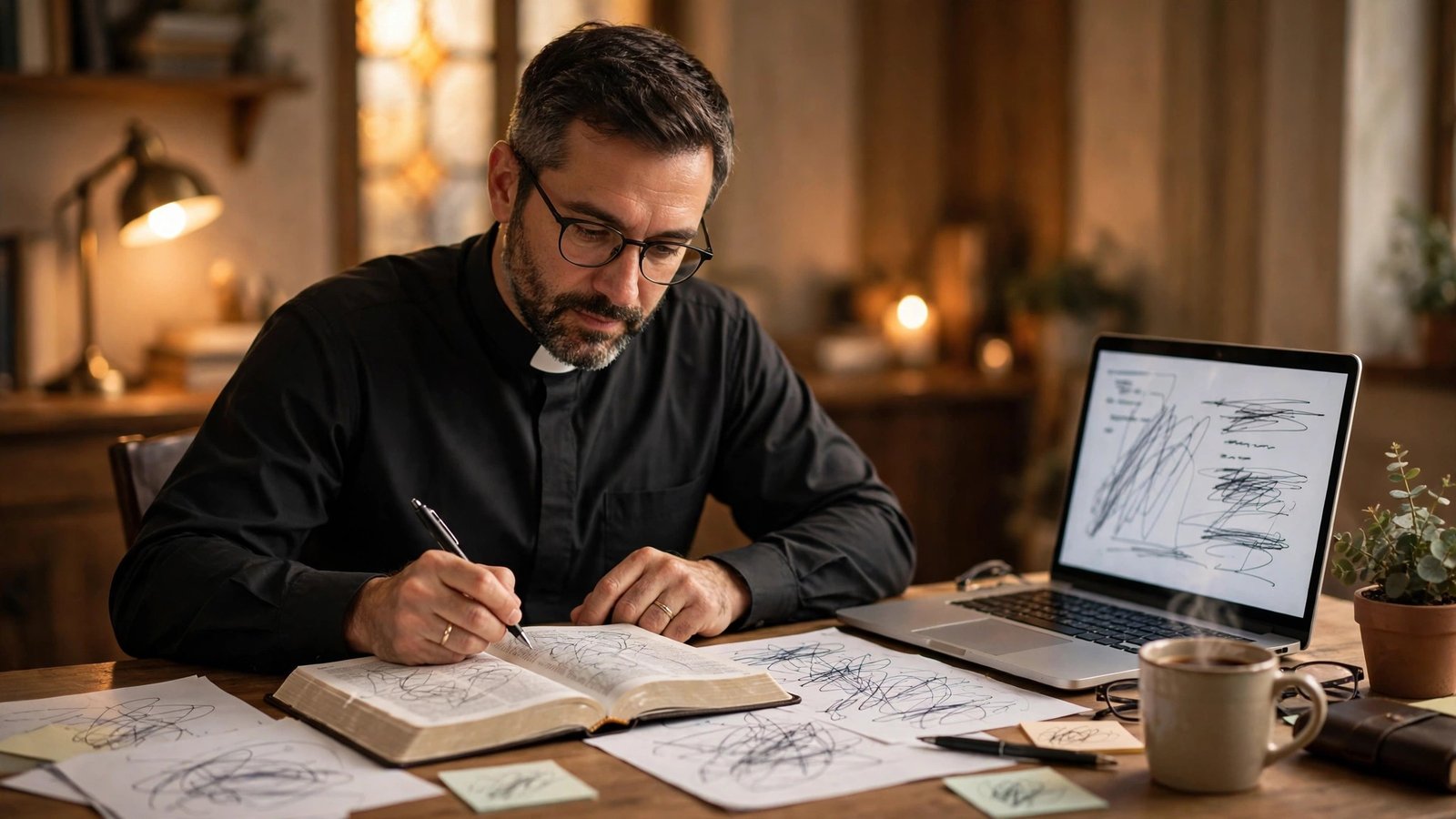 Pastor studying at a desk with an open Bible notes and a laptop