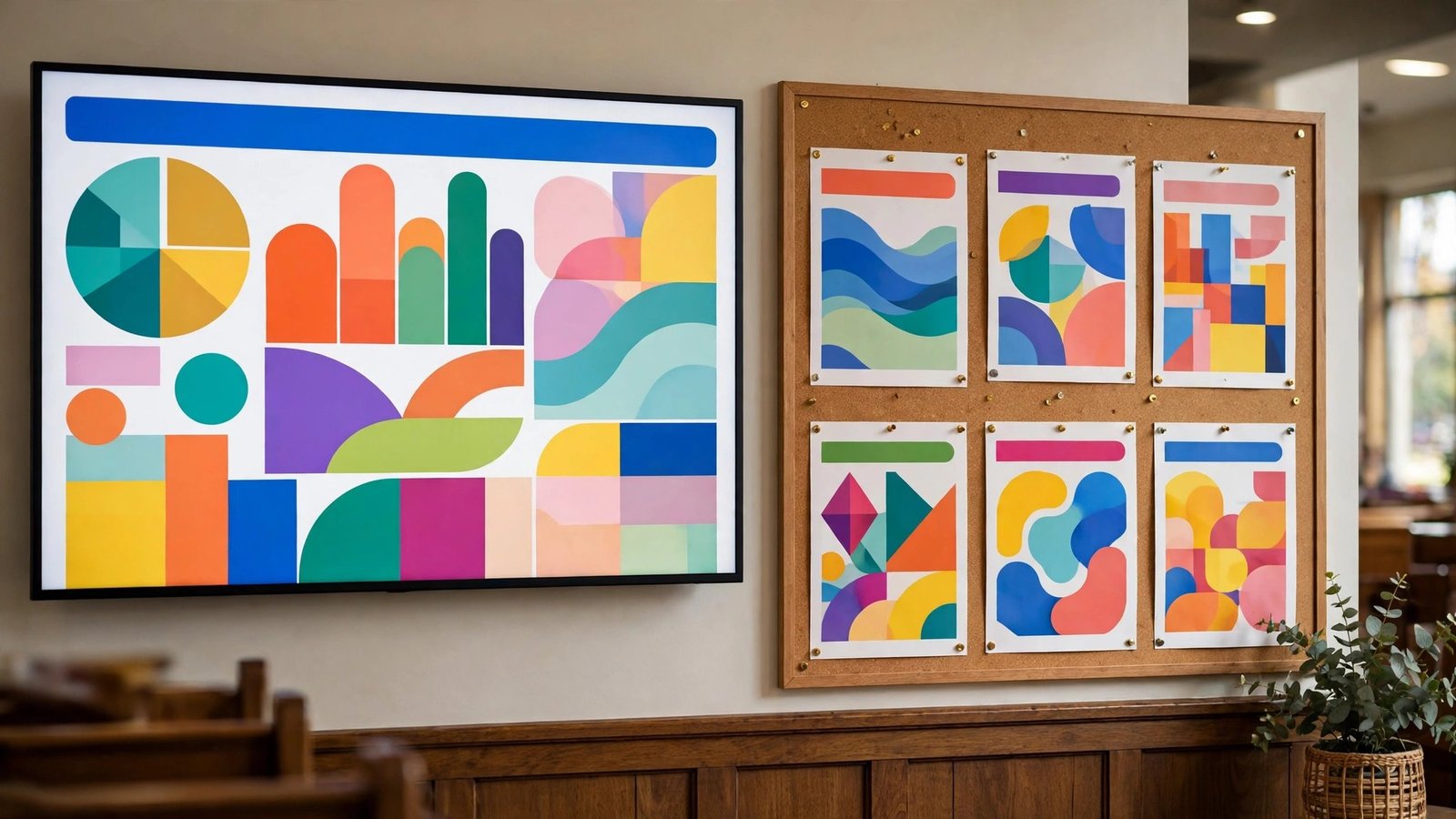 Church service slides and event posters on a screen and noticeboard