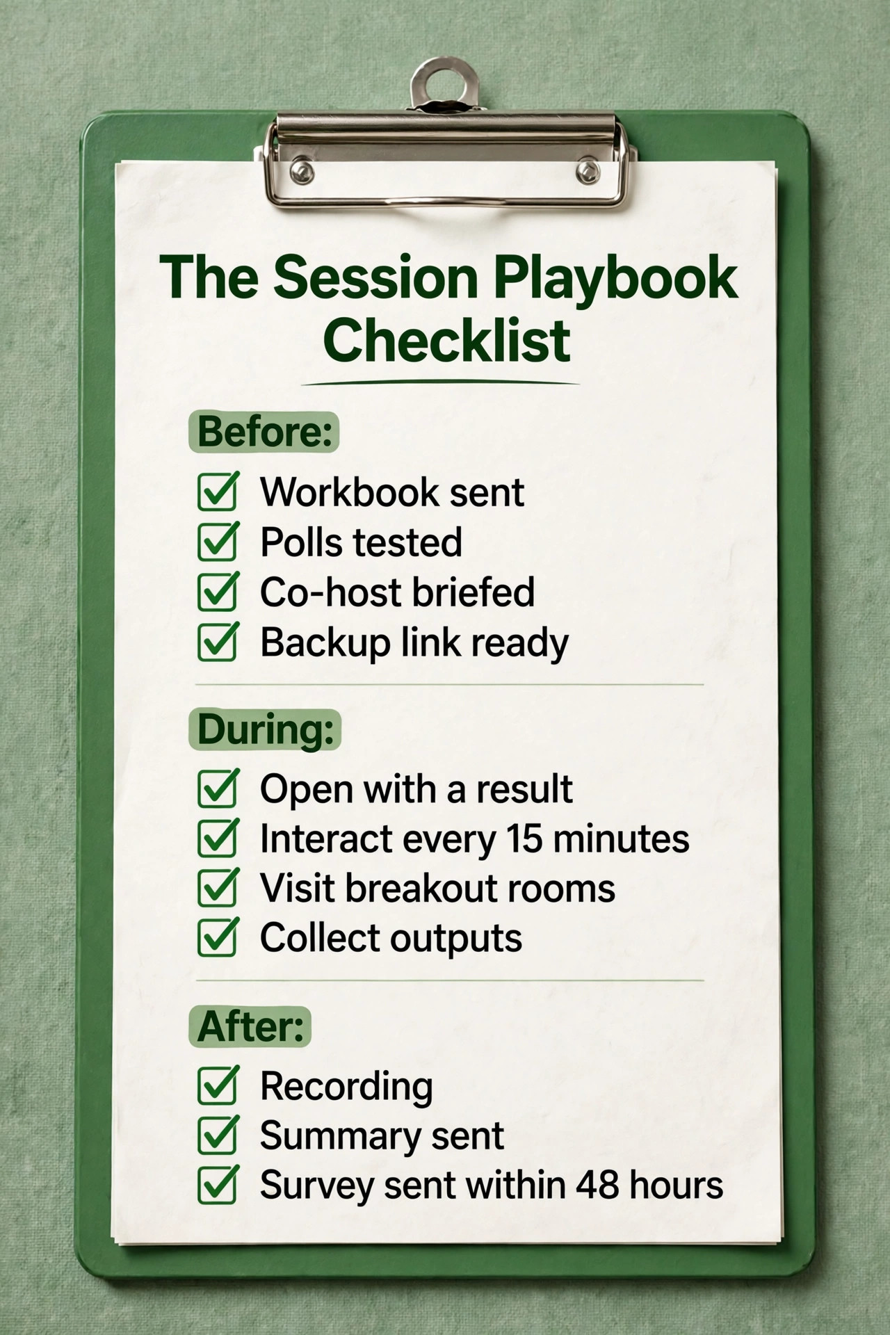 Session playbook engagement checklist visual for Zoom workshops