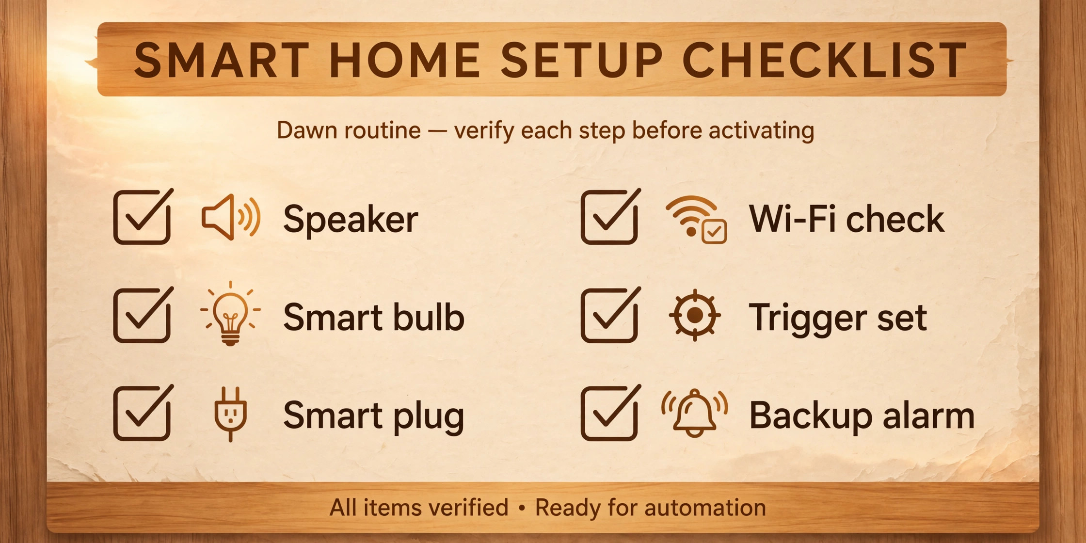 Morning routine setup checklist with speaker bulb and plug