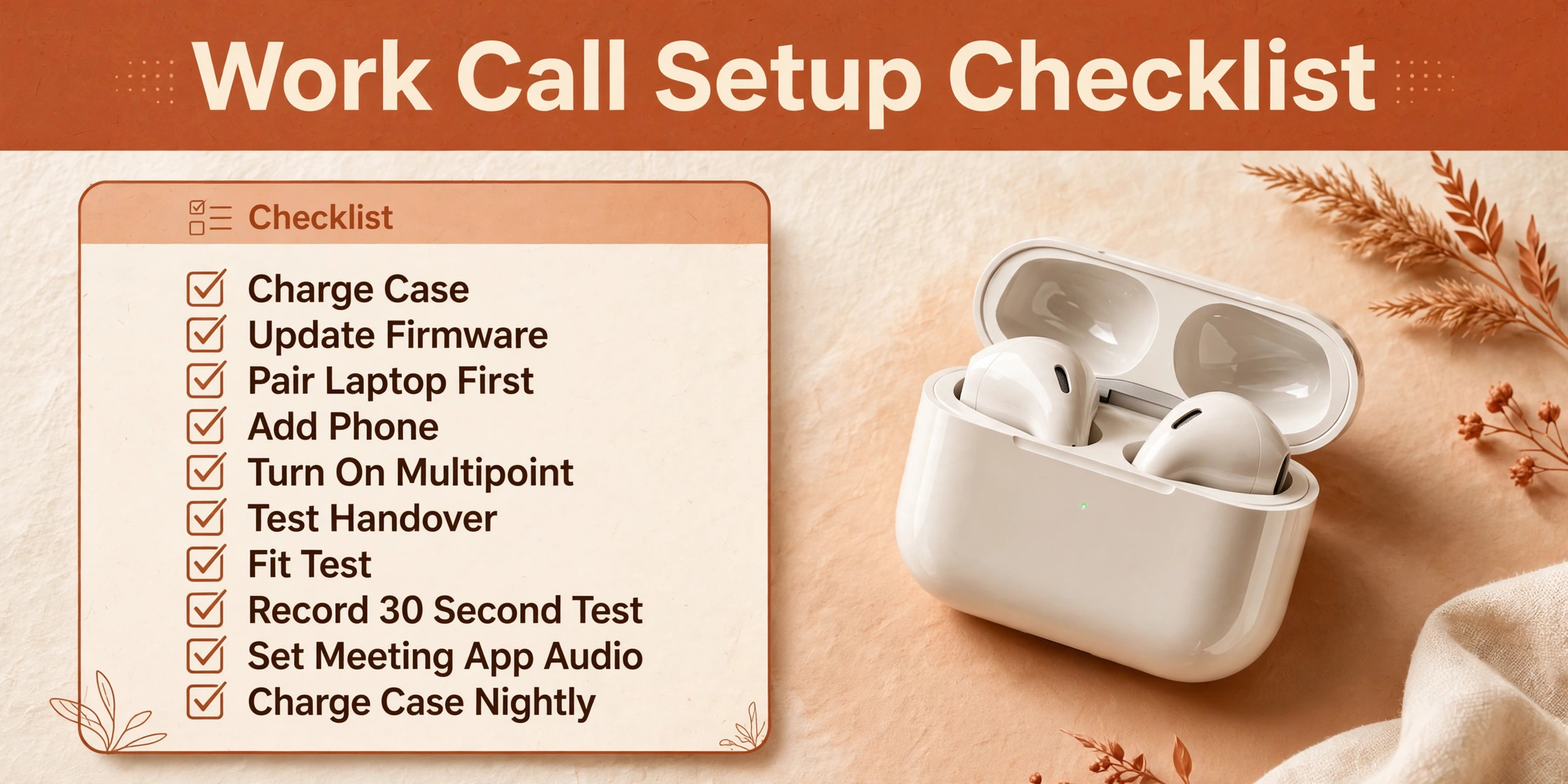 Work call earbud setup checklist card beside a charging case