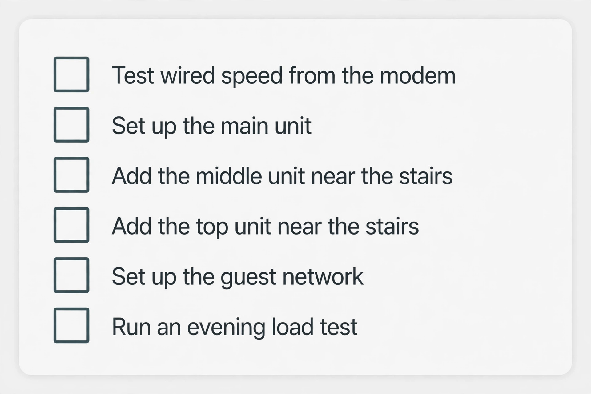 Checklist for setting up mesh Wi-Fi in a three-storey house