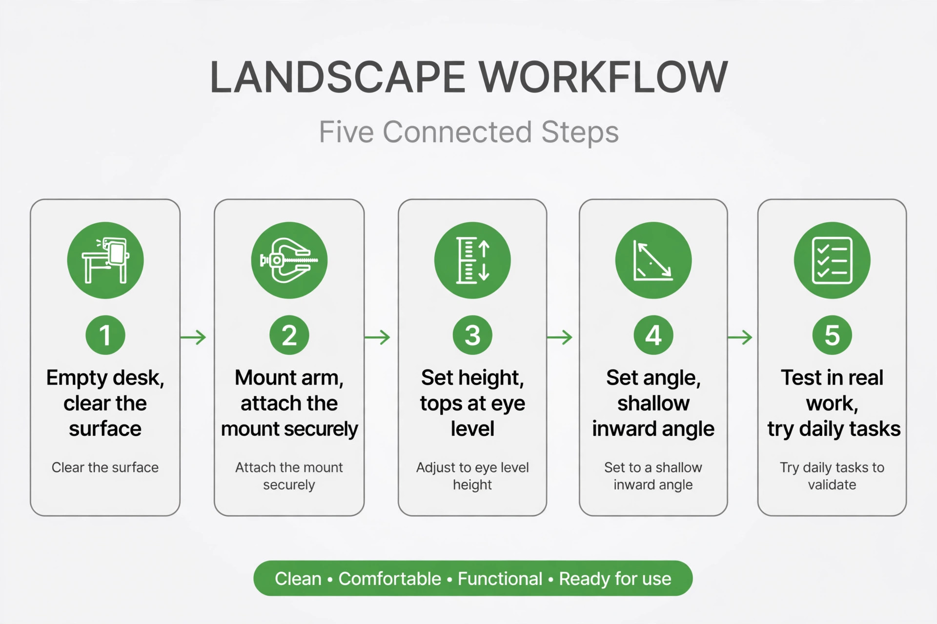Five step dual monitor desk setup workflow