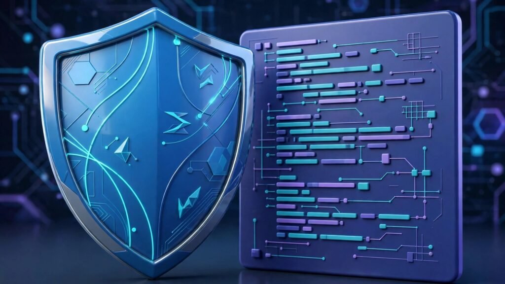 3D render of a shield and code panel for code review security