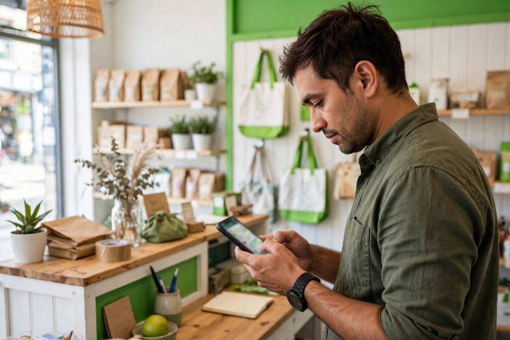 Photorealistic photo of a shop owner replying to WhatsApp chats on a phone