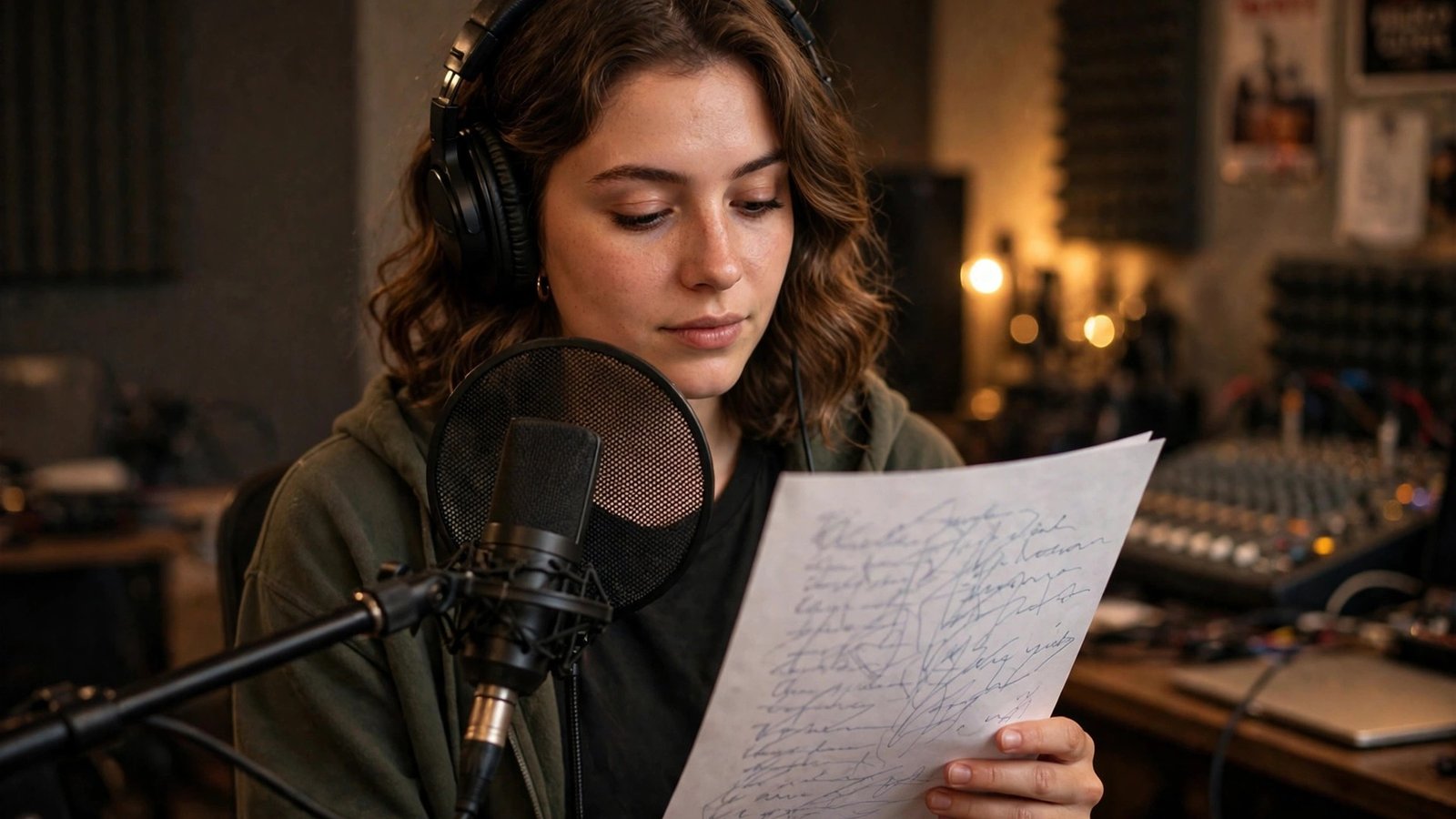 Singer recording vocals in studio with lyric sheet