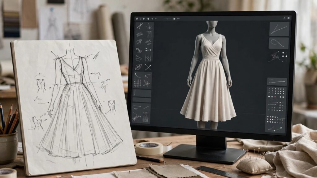 Fashion sketch turning into a 3D garment on screen