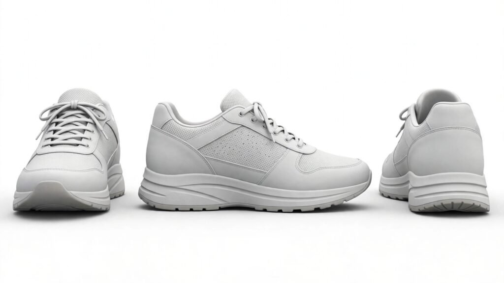 3D render of a sneaker shown from three angles for a 360 spin
