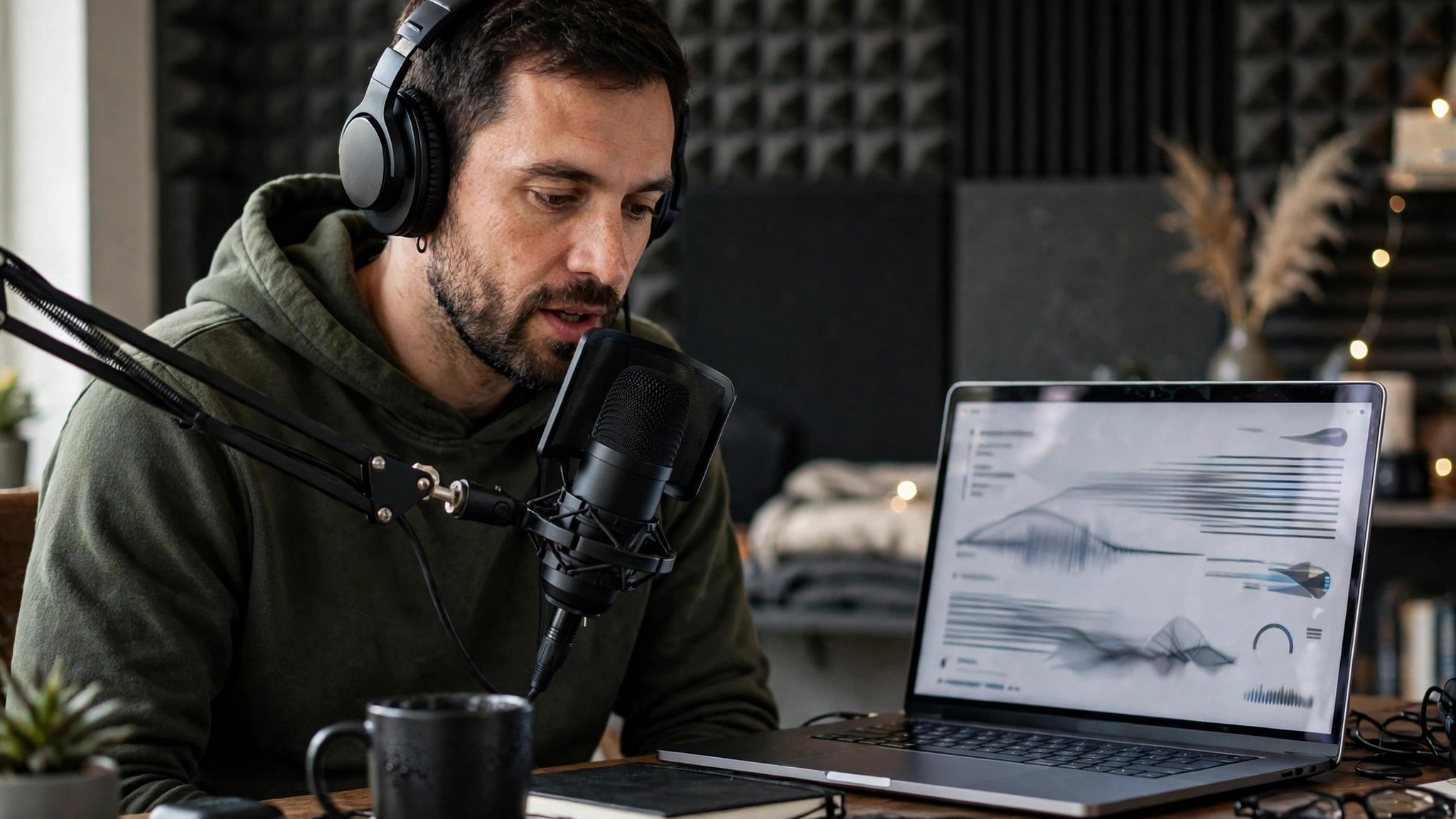 Podcast host recording a solo episode at home