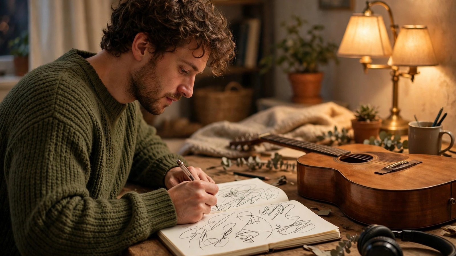 Songwriter writing lyrics in notebook beside guitar