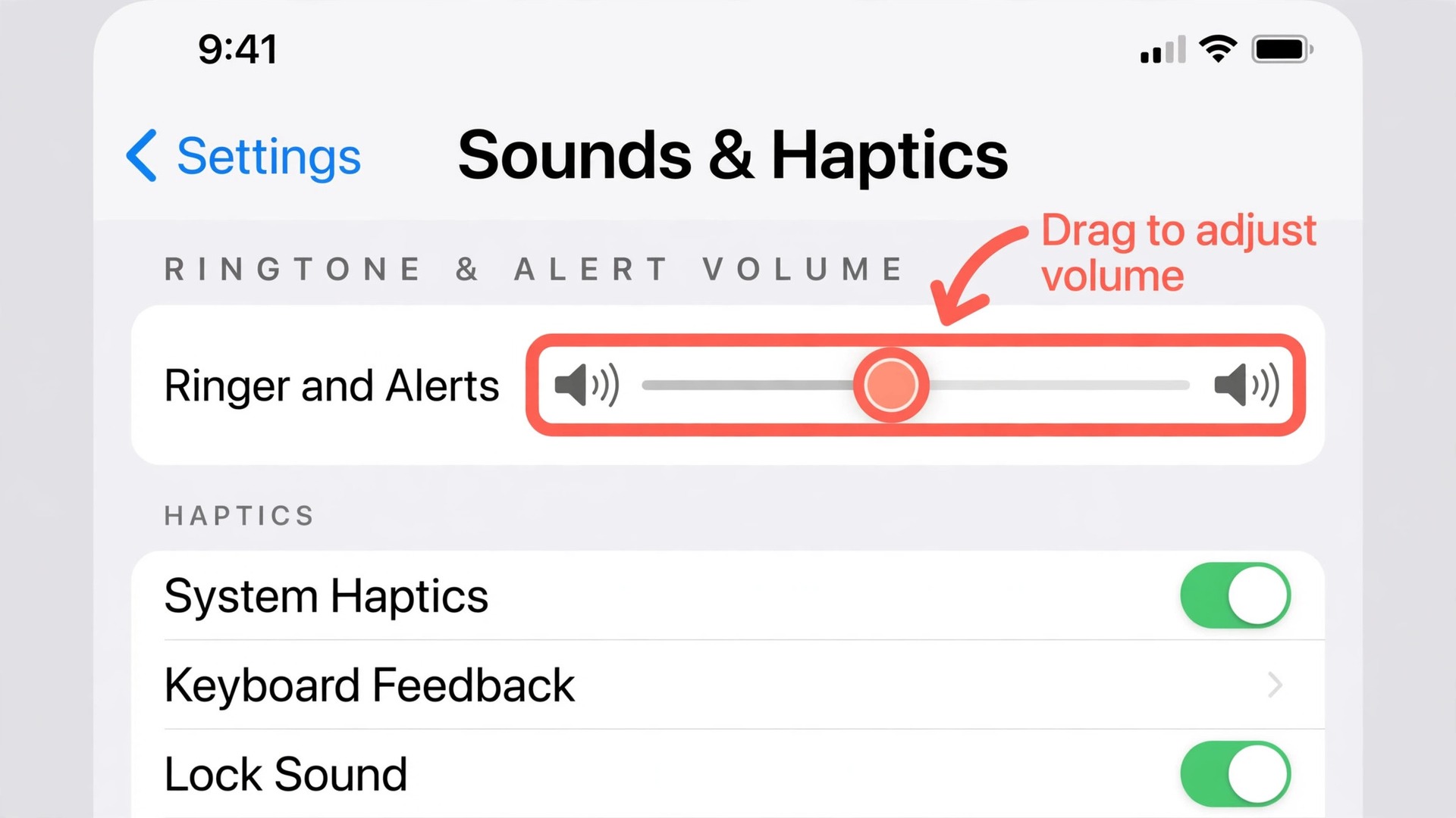 Screenshot style view of iPhone Sounds and Haptics ringer slider