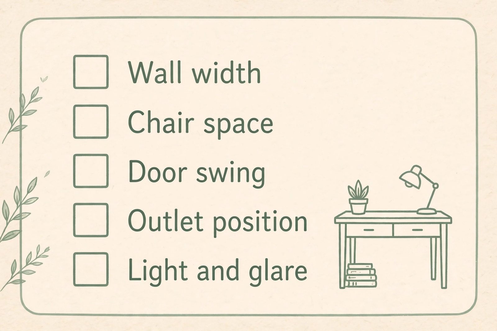 Small apartment desk space checklist with tick boxes