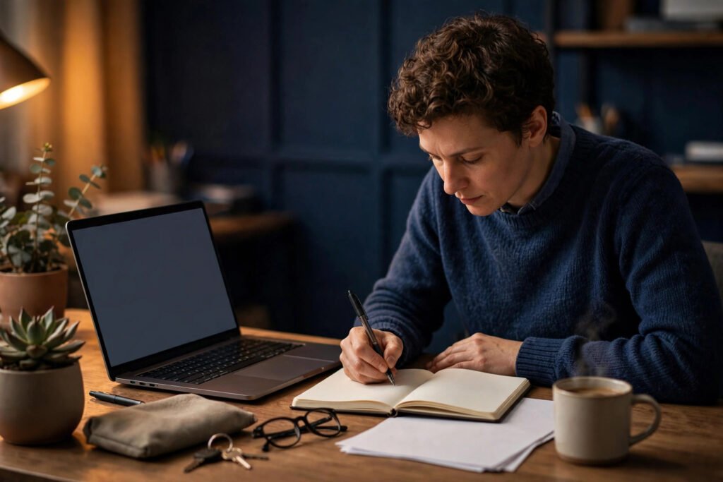 Editorial photo of a product manager writing a product spec at a desk