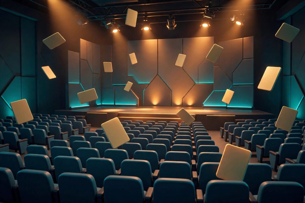 3D render of an event stage with floating agenda cards