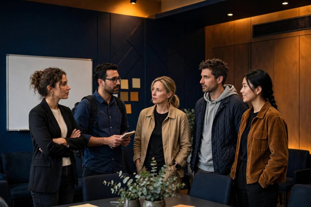 Editorial photo of a project team in a standup meeting