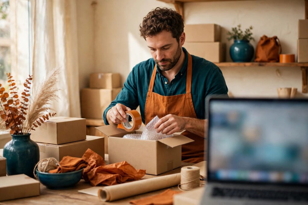 Small store owner managing orders on a laptop