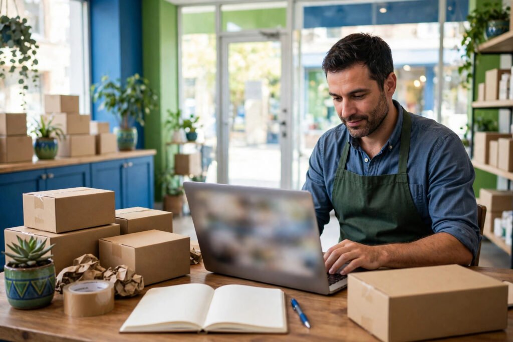 Photorealistic photo of a store owner launching an online shop