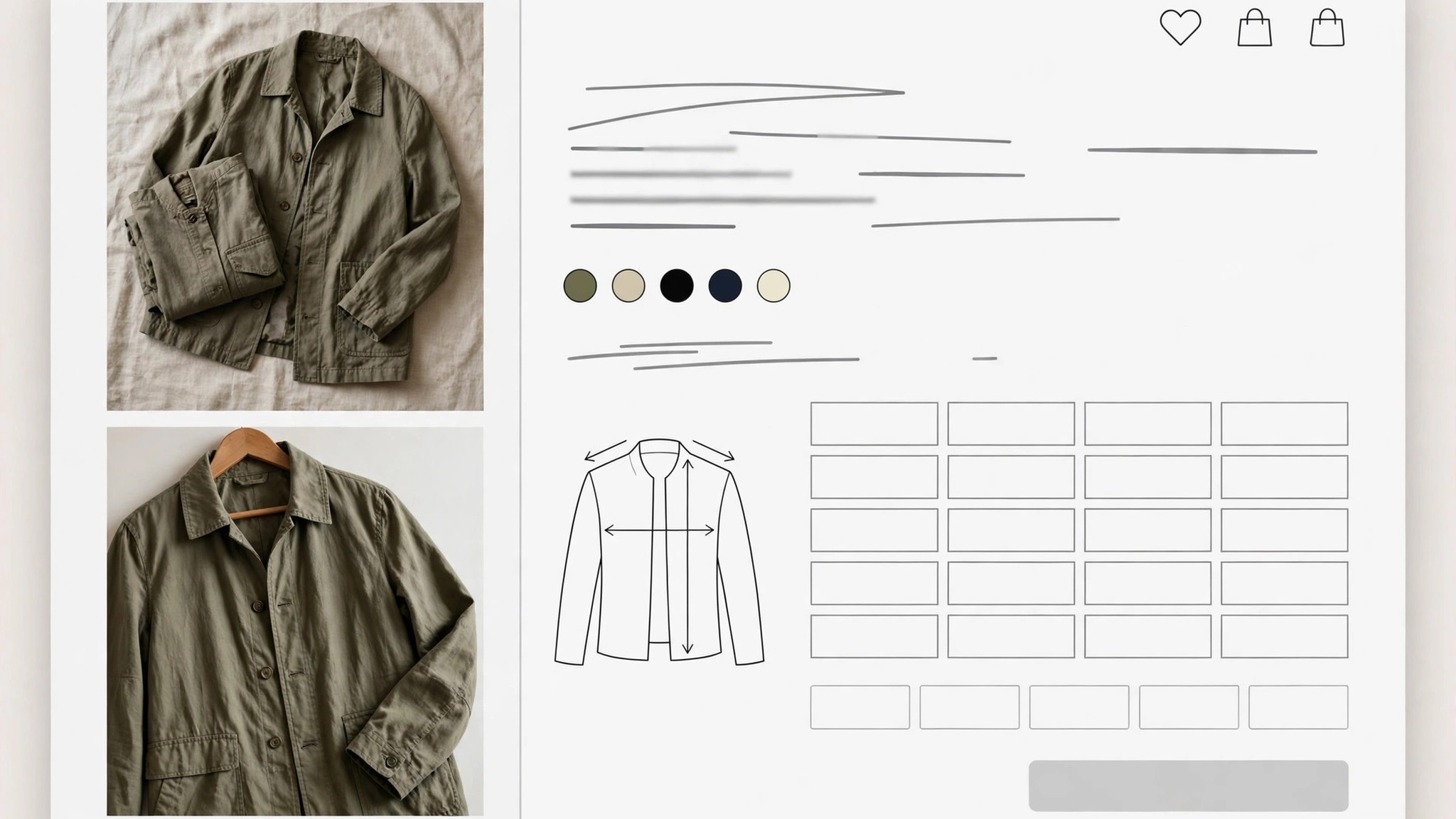 Clothing store product page with photos and size guide