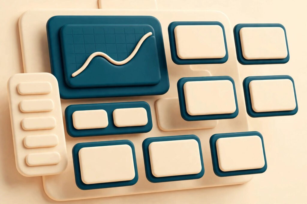 3D render of a digital product storefront dashboard.