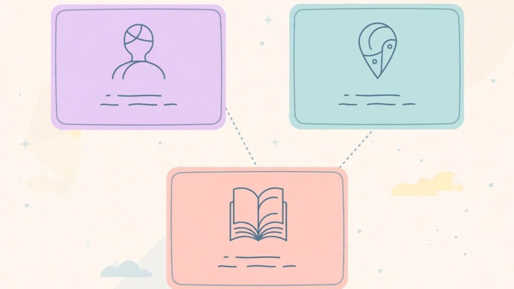 Flat vector story bible with linked character and location cards