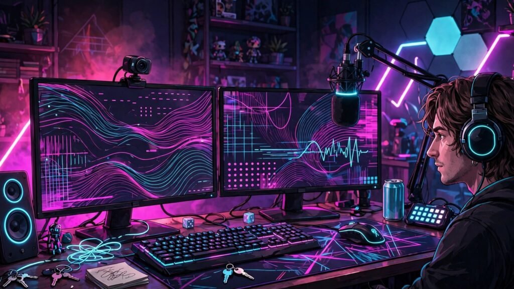 Streamer at a desk with microphone camera and monitors during a live session