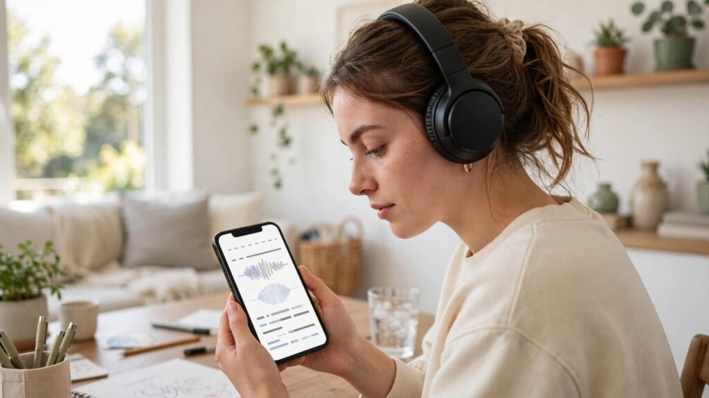 Student doing ear training exercises with headphones