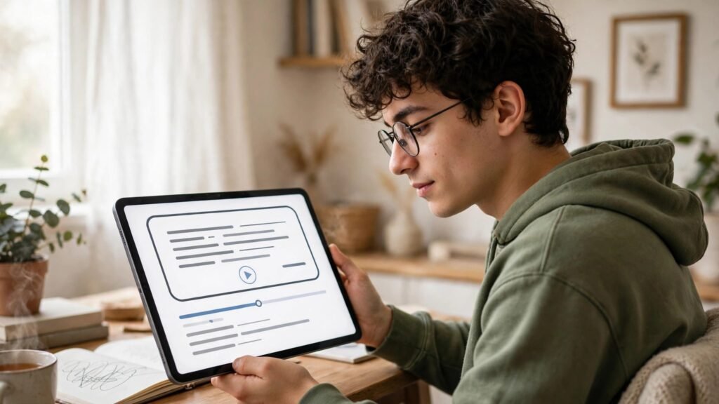 Student watching a course lesson on a tablet