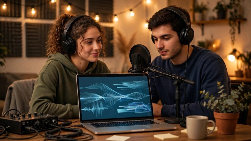 Students recording music together in a small home studio