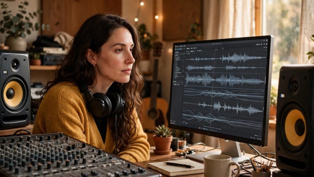 Musician reviewing AI generated tracks on studio monitors in a home studio
