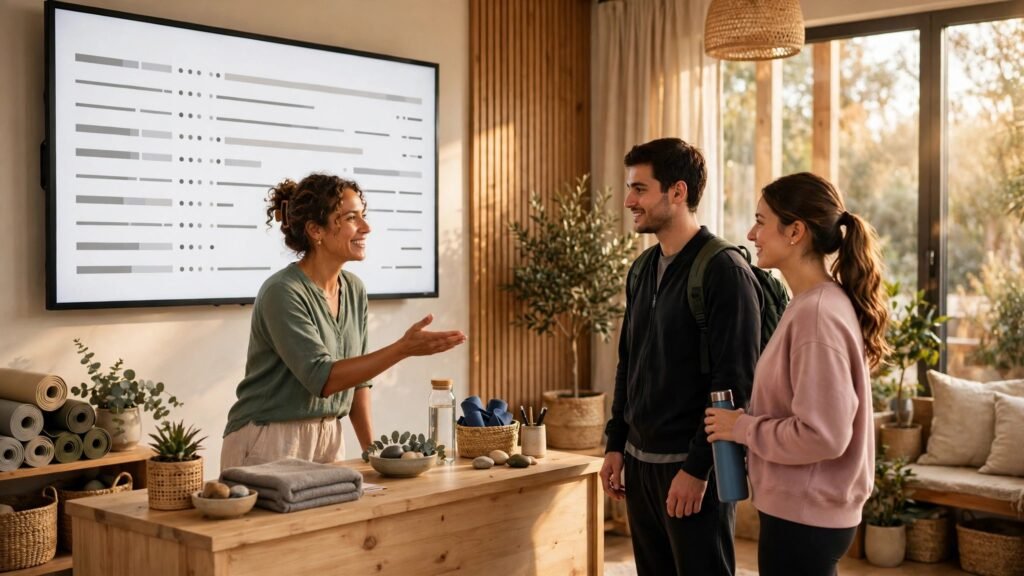 Yoga studio reception with class schedule on screen