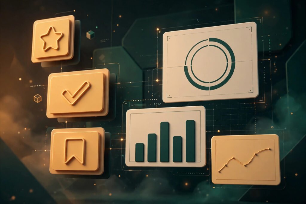 3D render of a study dashboard with flashcards and progress