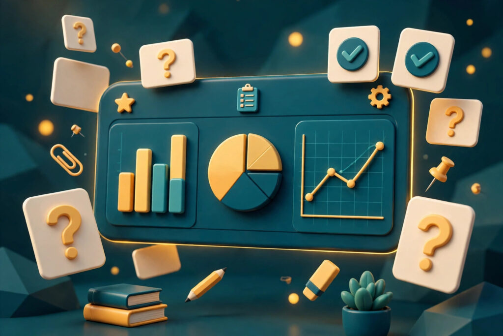 3D render of a student study dashboard with floating quiz cards