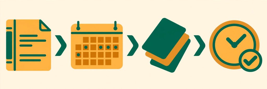 Flat vector illustration of an exam study workflow