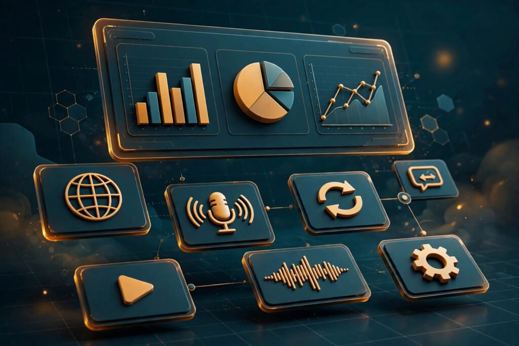 3D render of a subtitle translation dashboard with language cards