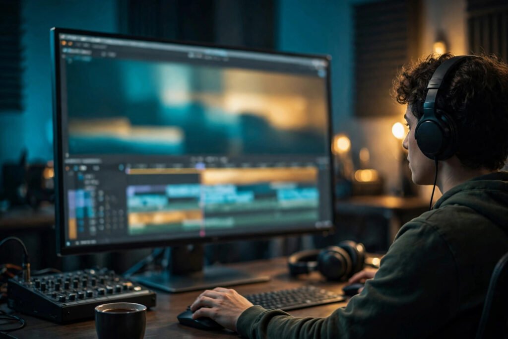 Editorial photo of a video editor timing subtitles in a studio
