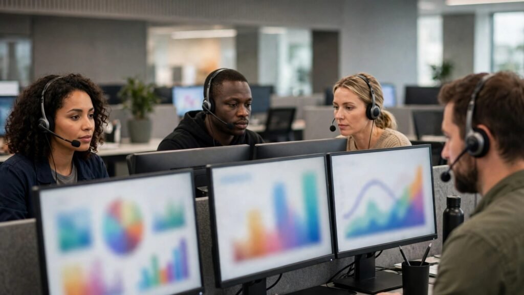 Support team wearing headsets at desks in a modern call centre