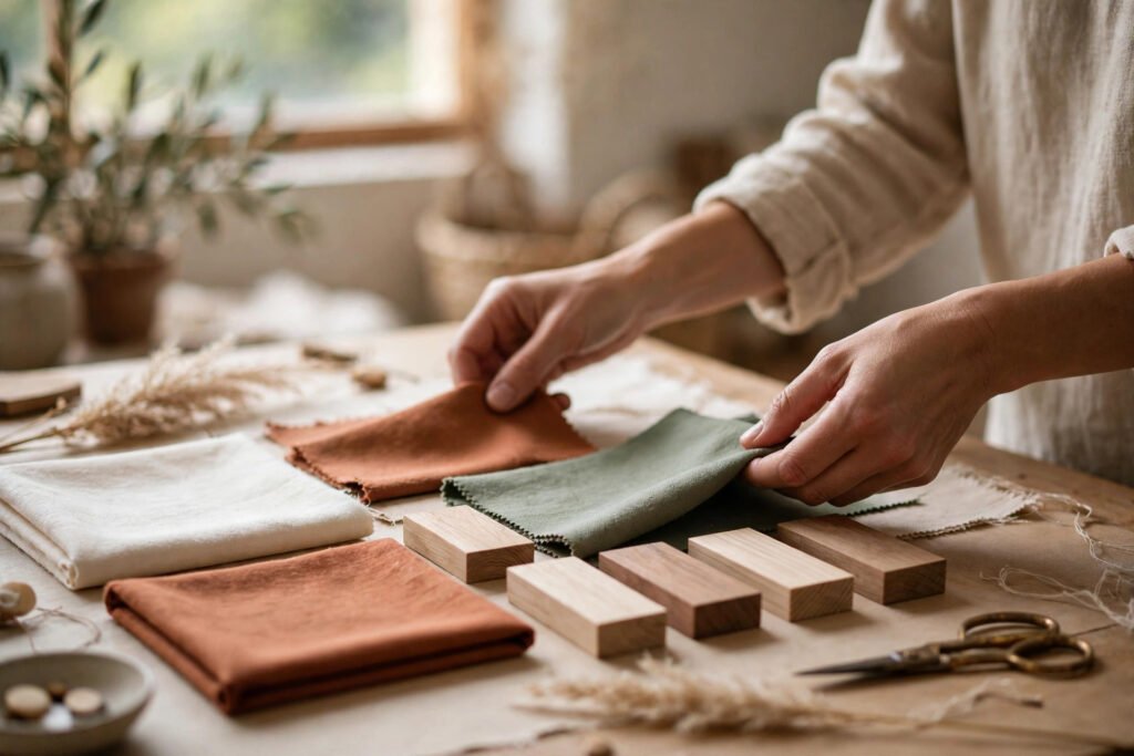 Editorial photo of a designer arranging fabric swatches and wood samples