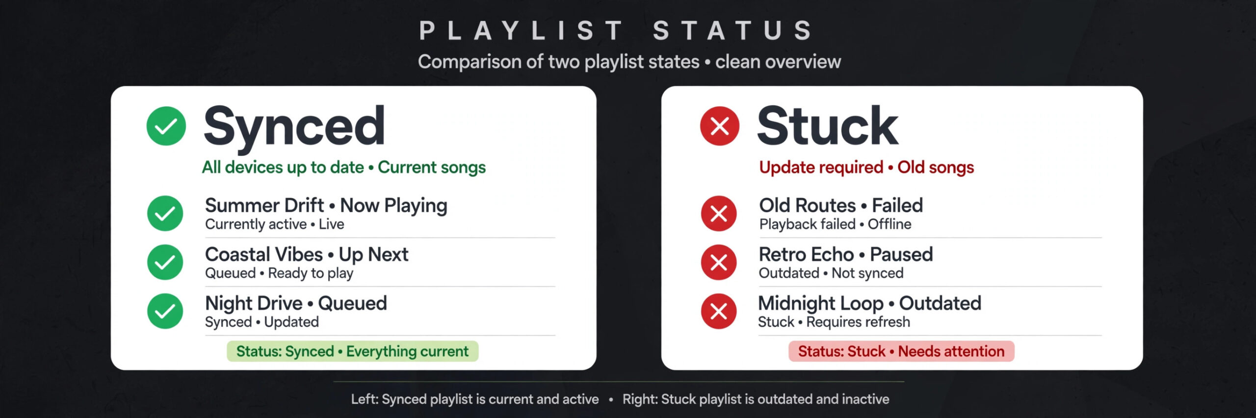 Comparison of synced and stuck Spotify playlist versions
