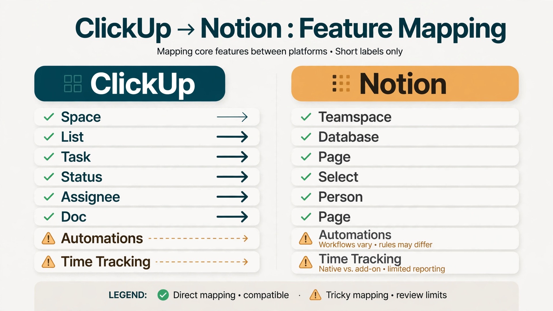 ClickUp to Notion mapping diagram for tasks docs and statuses