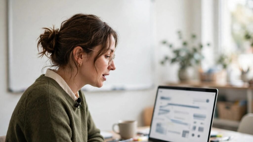 Editorial photo of a teacher running an online class from a laptop