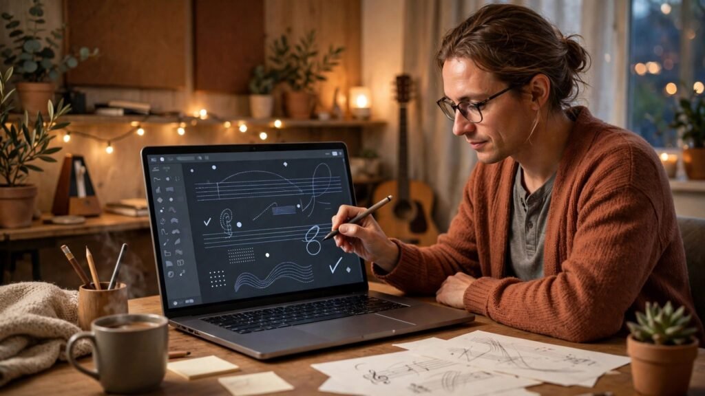 Music teacher writing sheet music in notation software on a laptop