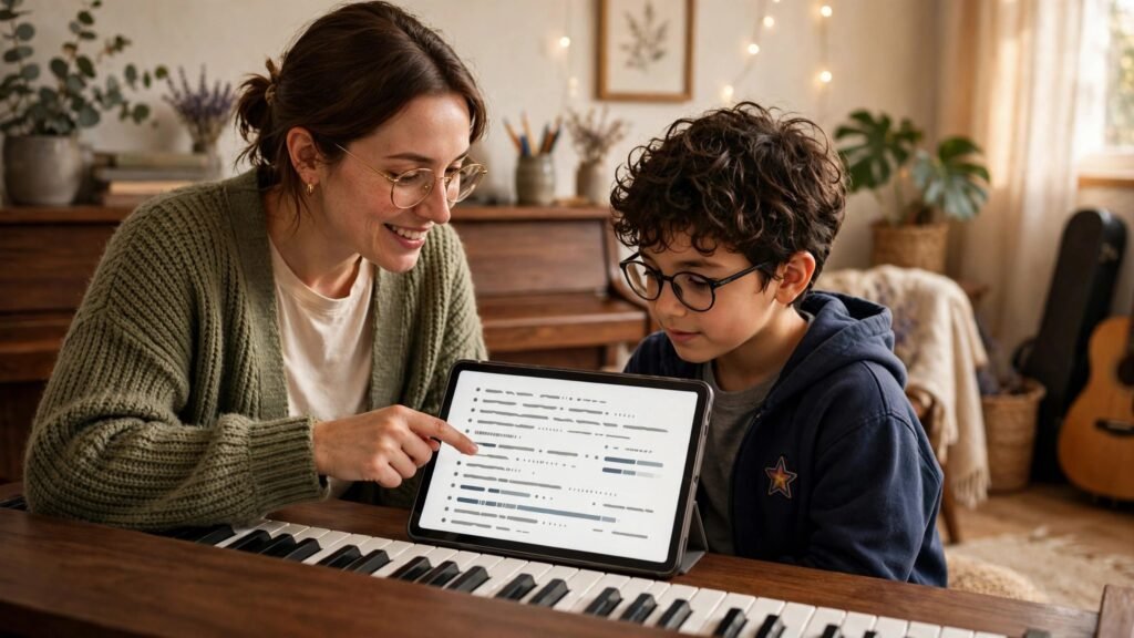 Music teacher reviewing a student practice log on a tablet at the piano