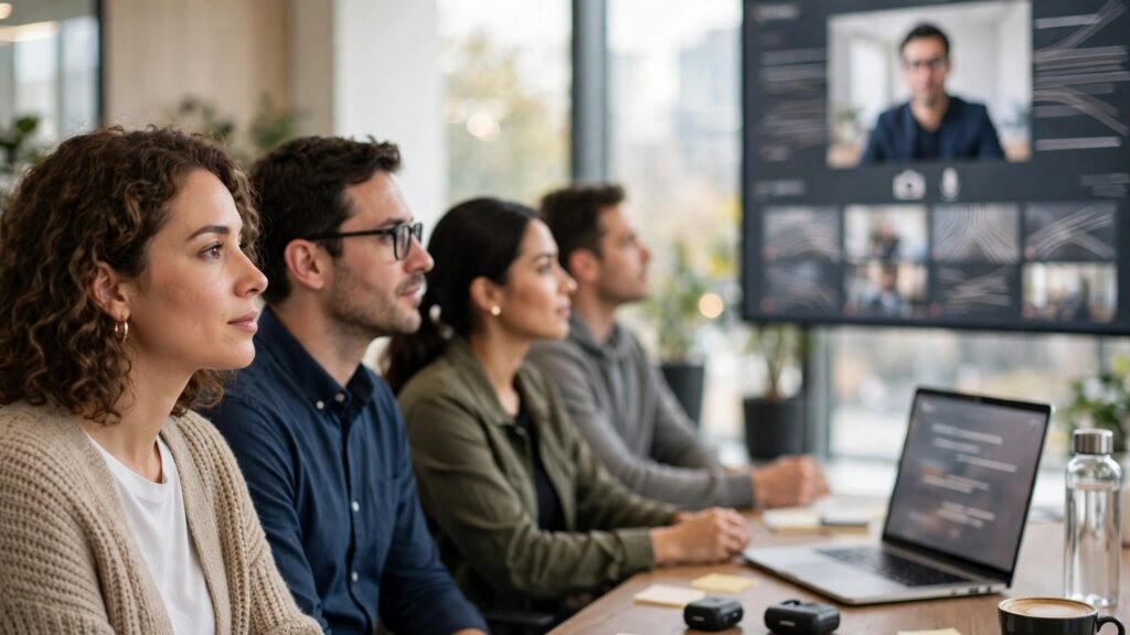 Remote team on a video call with a presenter on a large screen in a bright office