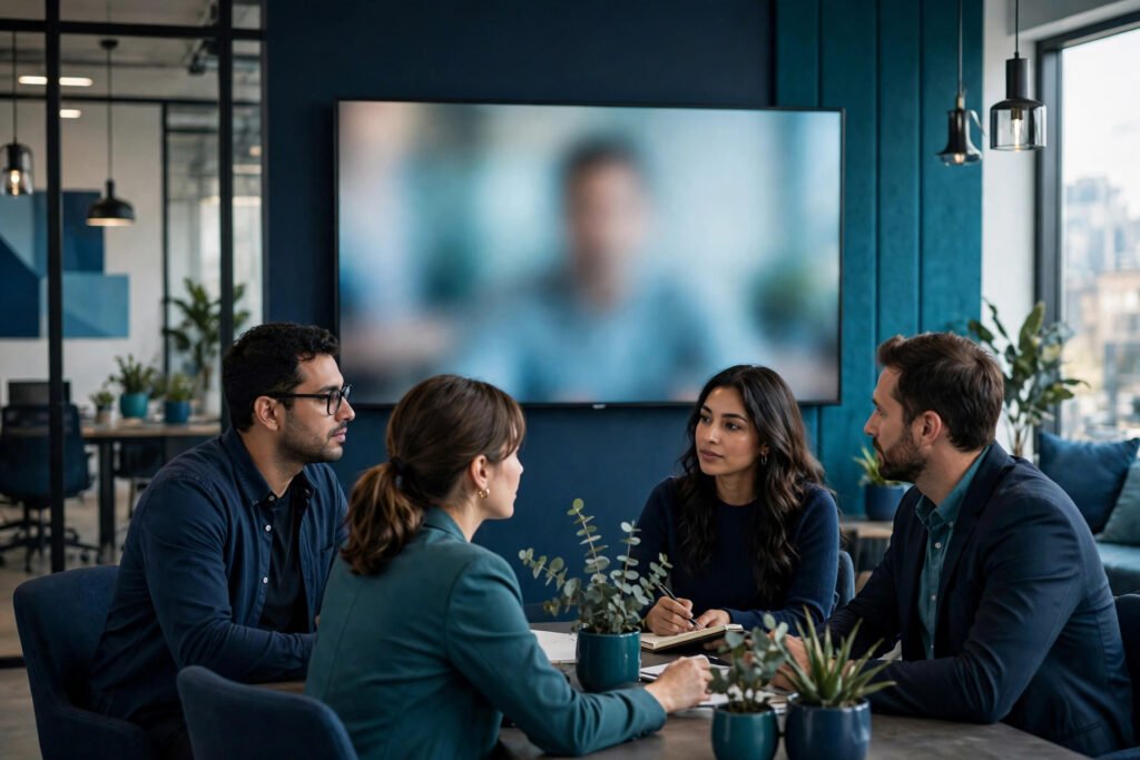 Editorial photo of a team on a video call in a meeting room