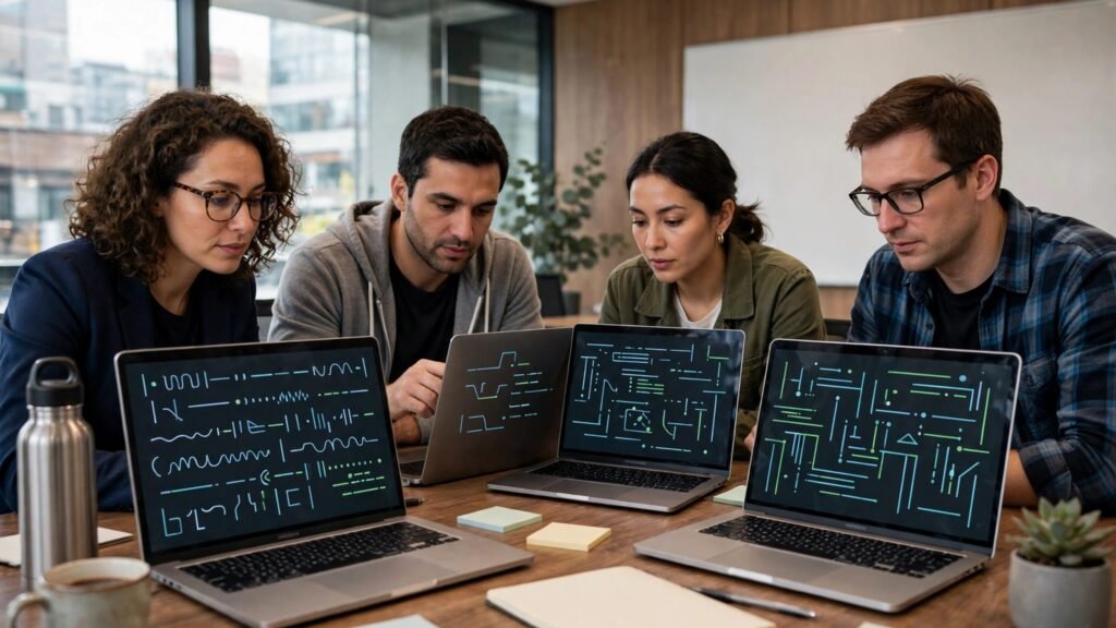 Editorial photo of a team reviewing code together around a table
