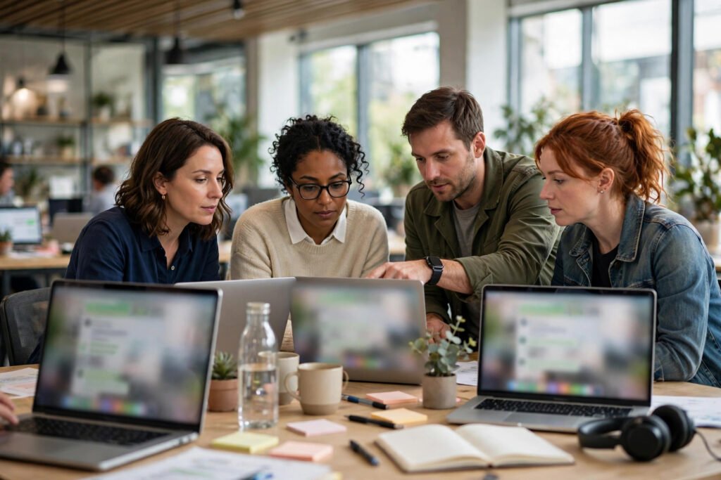 Editorial photo of a support team sharing a WhatsApp inbox in an office