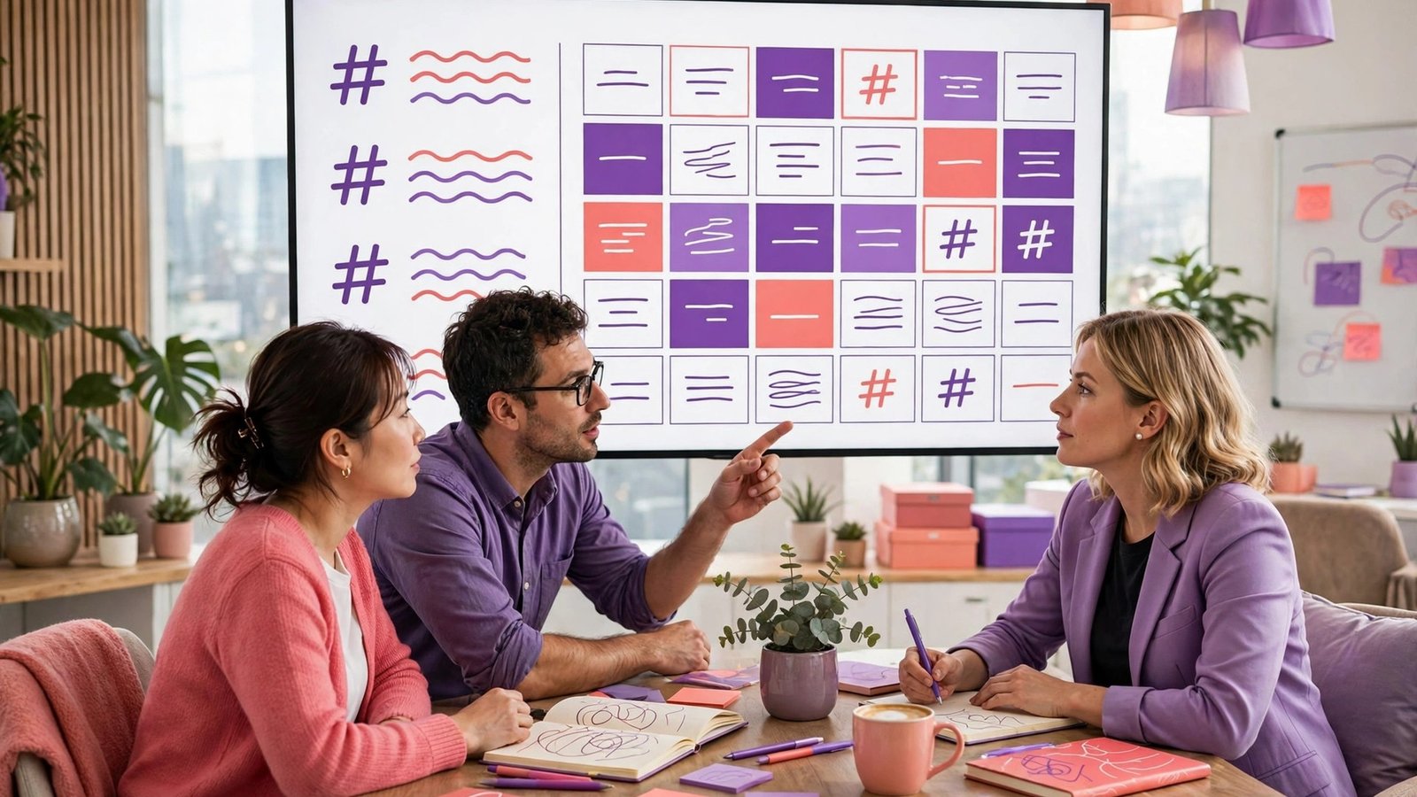 Team planning scheduled posts with hashtag sets